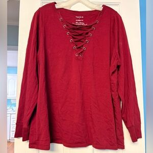 Torrid Lace-up Long Sleeve V-Neck Red Shirt Size 1 J7